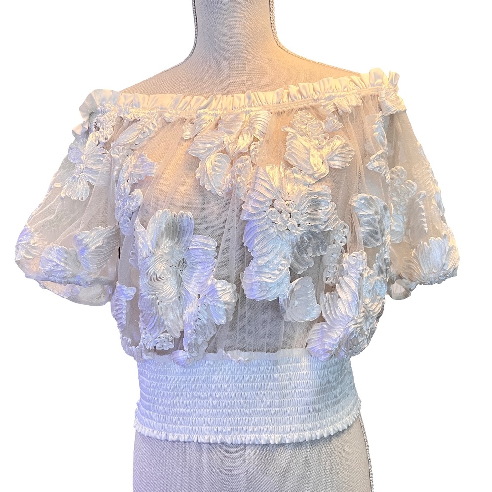#A073   CQ by CQ  Romantic White Off-Shoulder crop top ,sheer mesh,  M